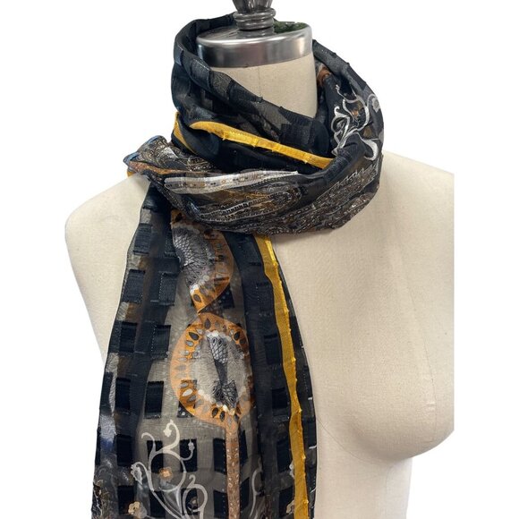 Sheer Black & Gold Paisley Print Scarf With Metallic Accents - Picture 2 of 6